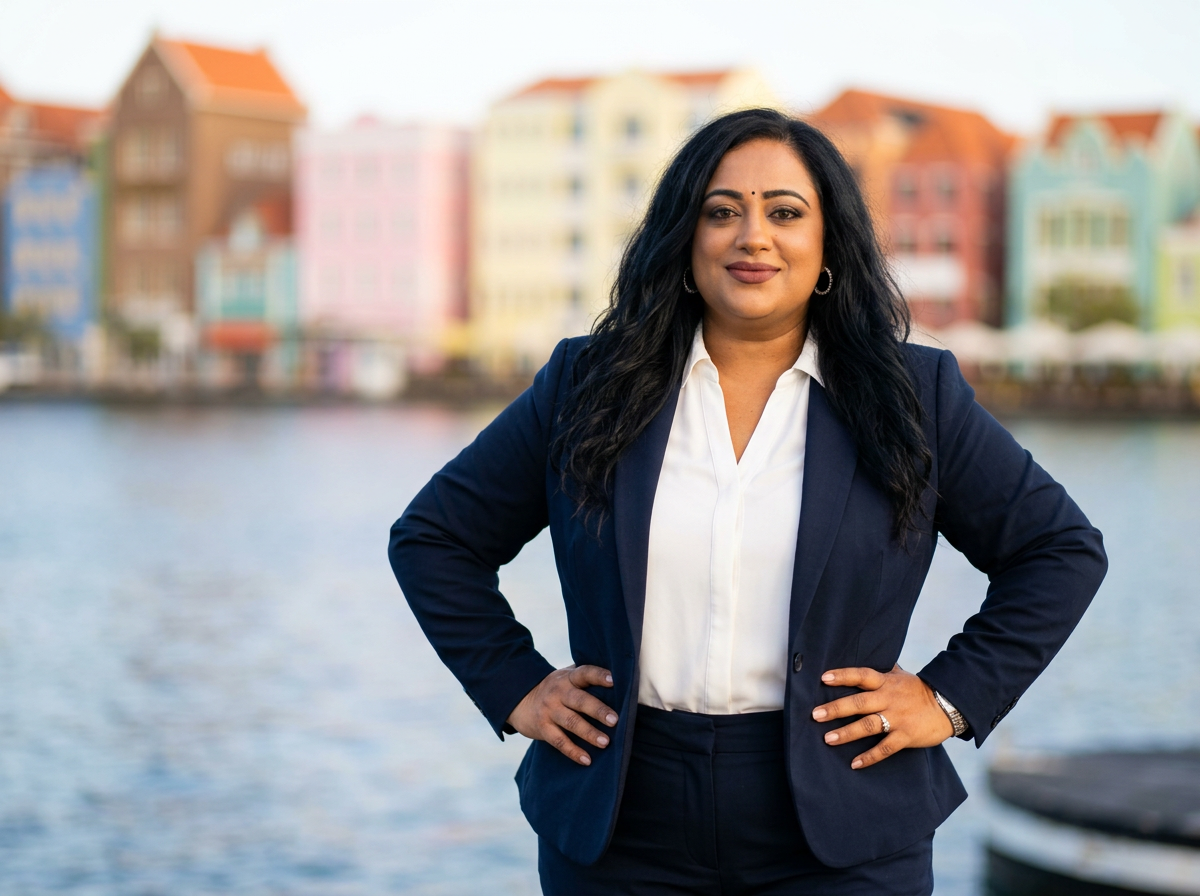 Intentio-consultant in mantelpak aan de Handelskade in Willemstad, Curaçao